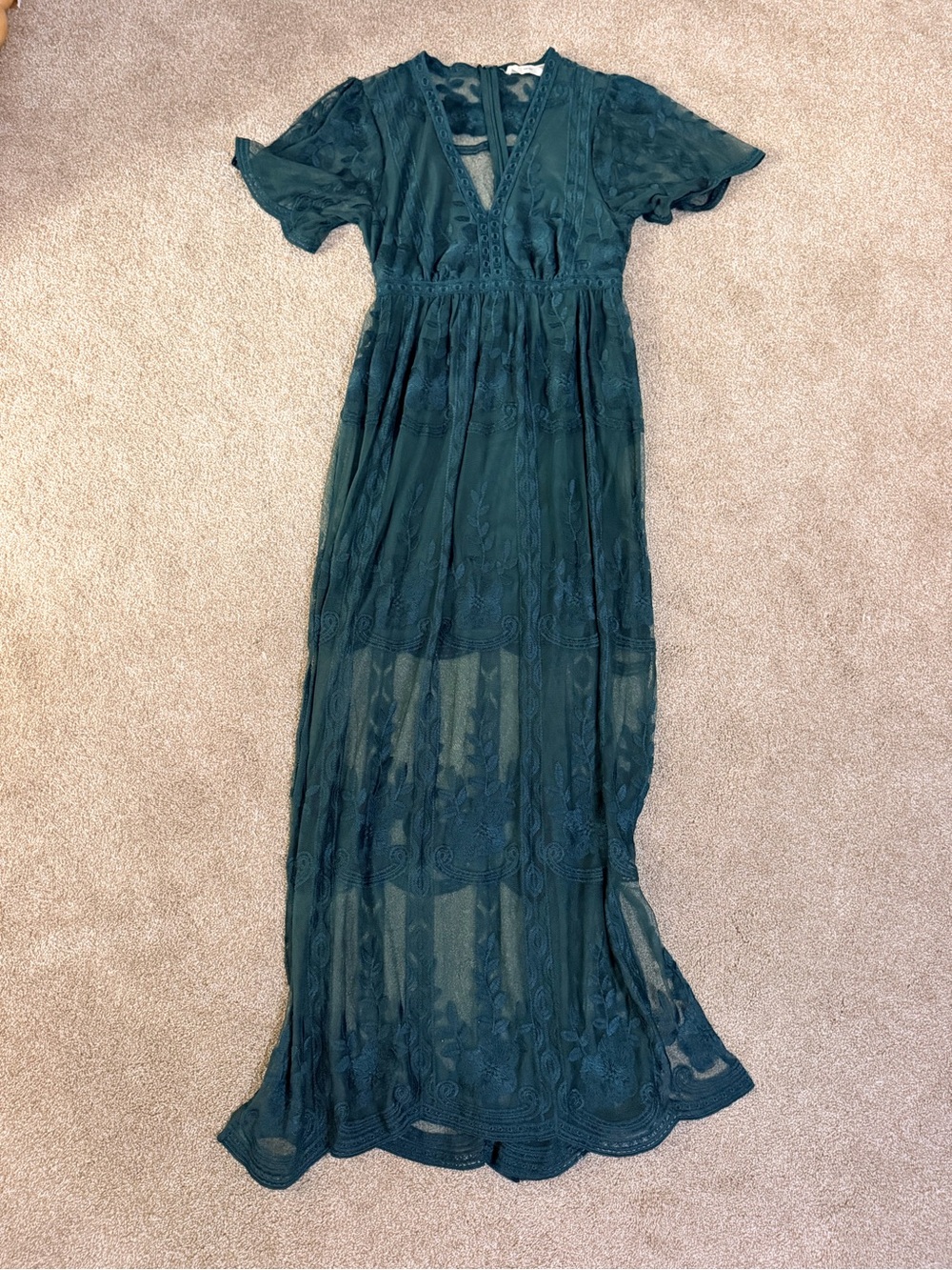 Women's Green Lace overlay Maxi Dress - Elegant V-Neck